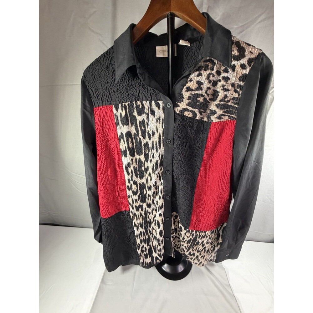 Chico's Mixed Media Leopard Patchwork Crinkle Button Down Shirt Black Red Size 1
